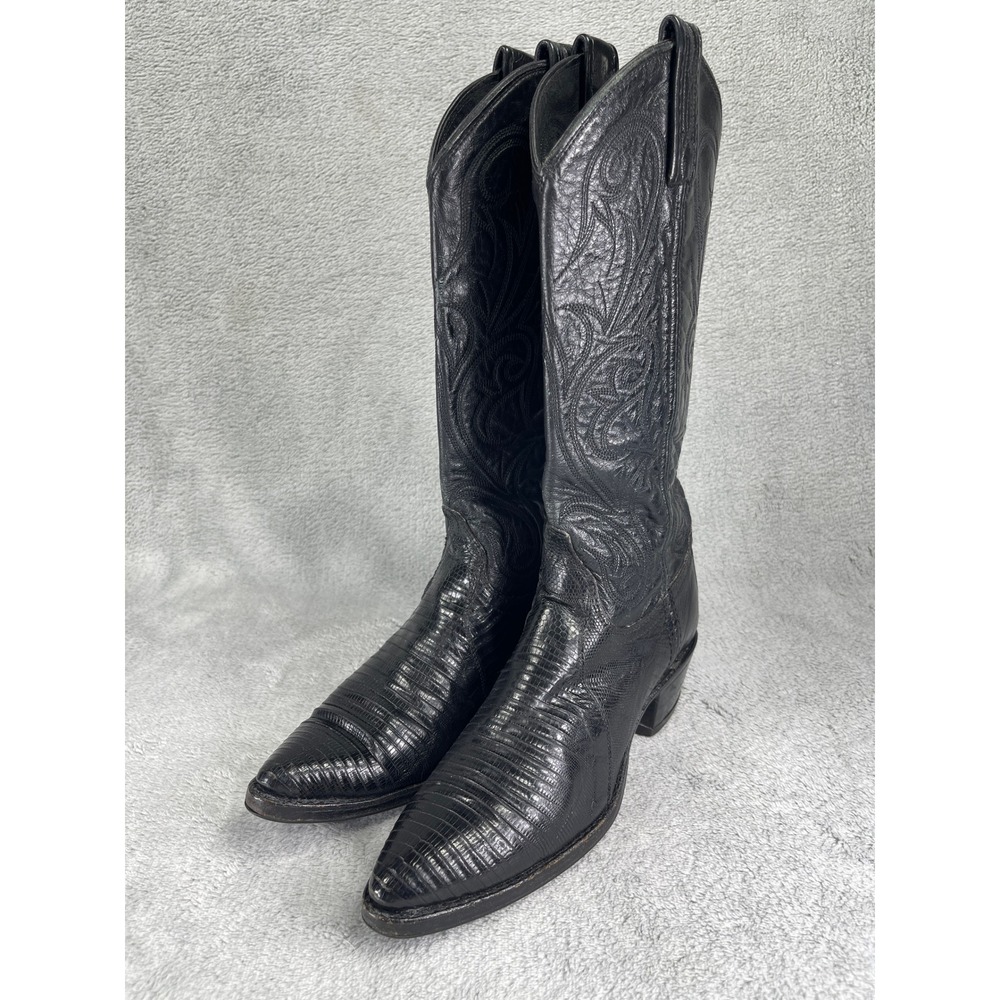 Dan Post Western Boots Mens 6.5 Black Lizard Skin Pointed Toe Cowboy Tall Shaft